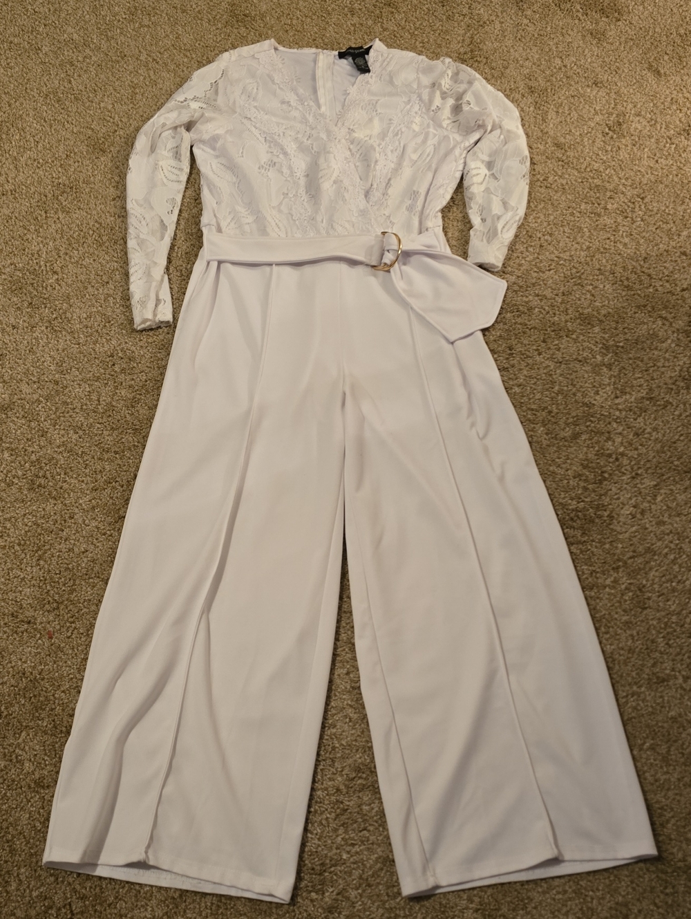 Ashley Stewart Ivory Lace-Sleeve Wide-Leg Jumpsuit with Belt Accent